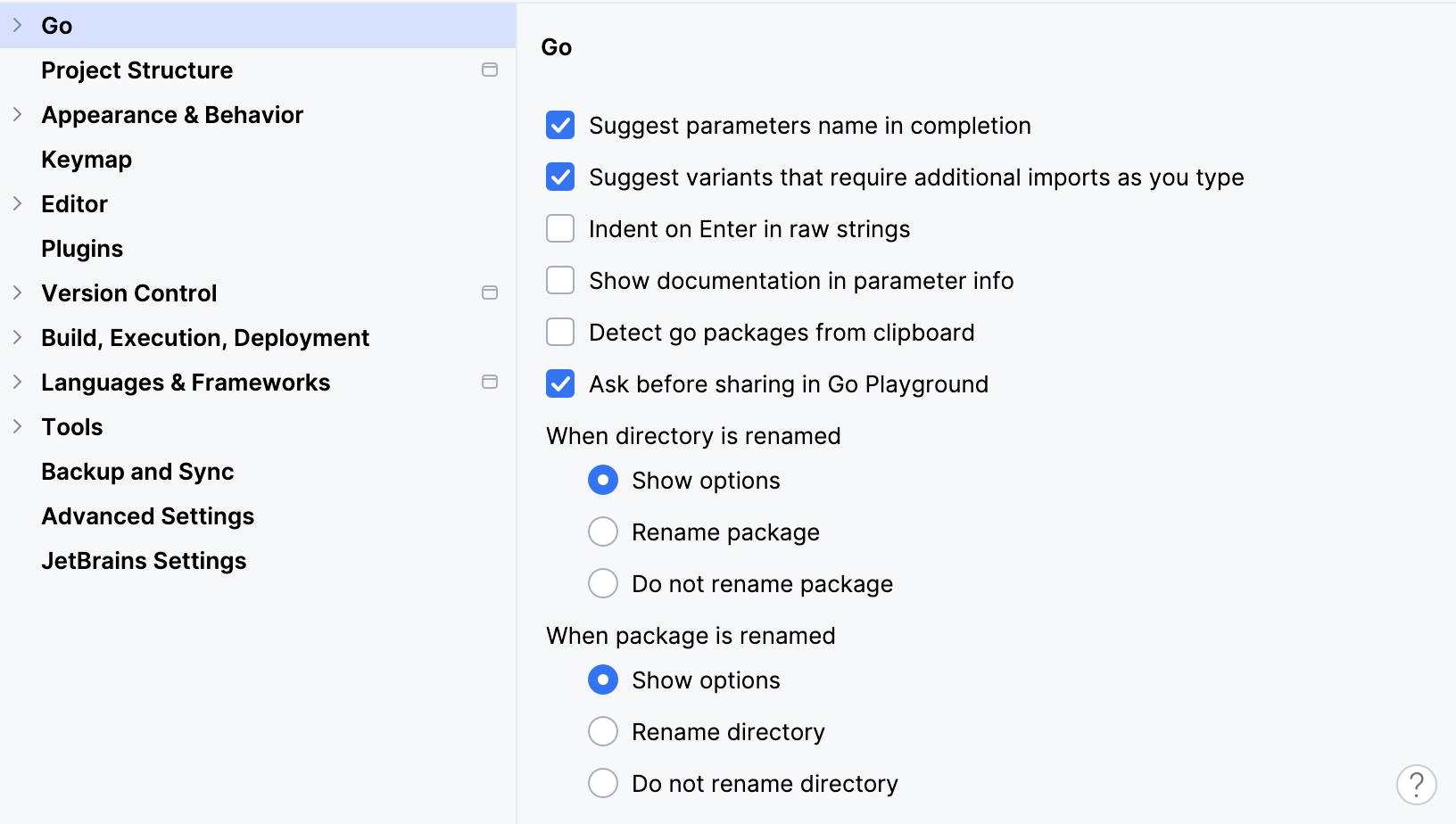General settings for go
