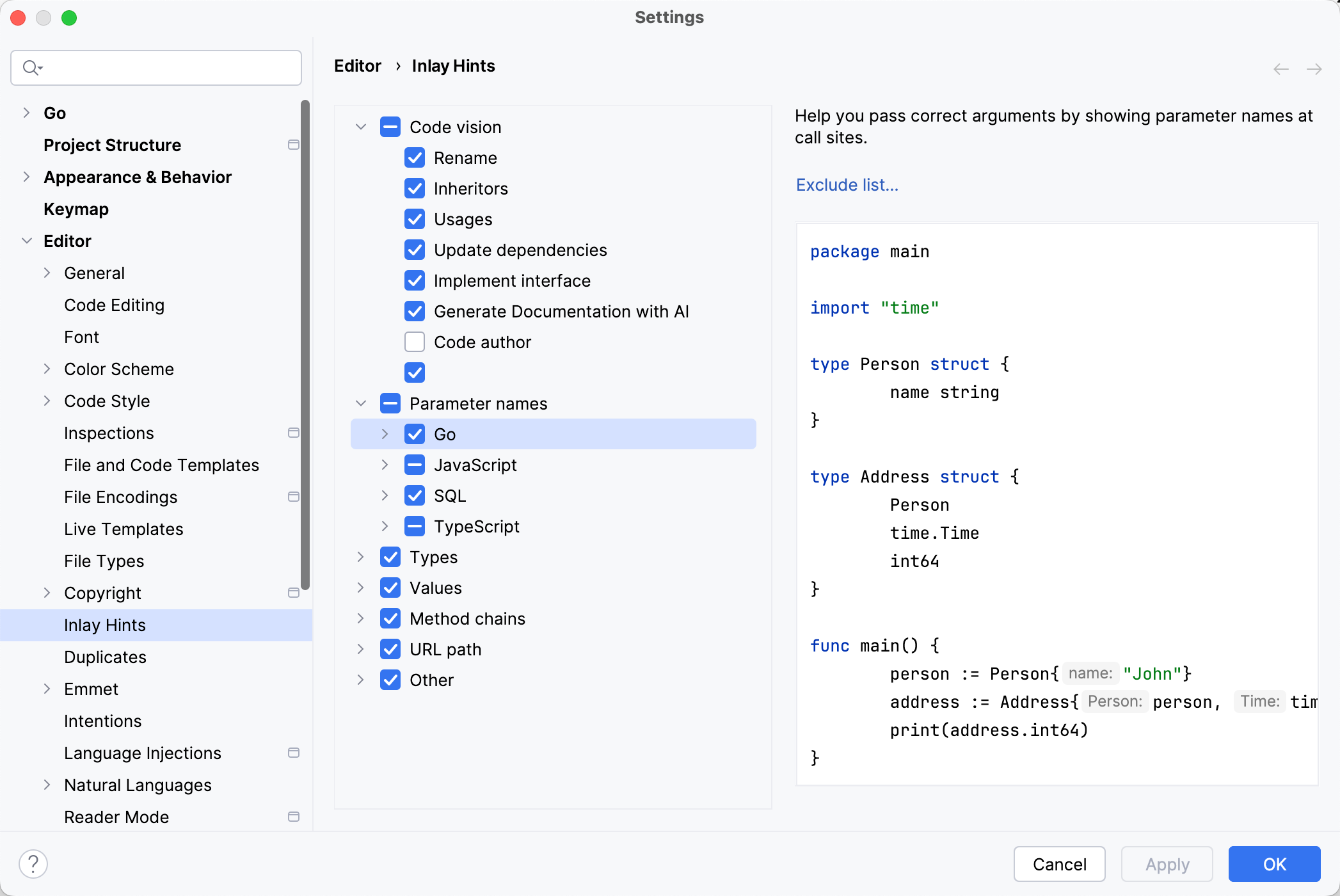 Settings | Inlay Hints Settings | Inlay Hints