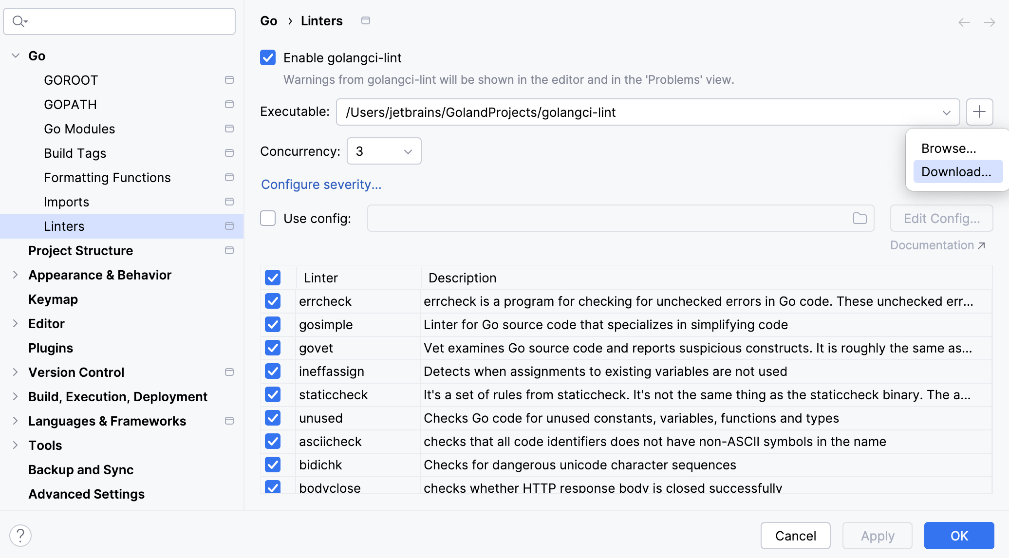 Set the executable path for golangci-lint