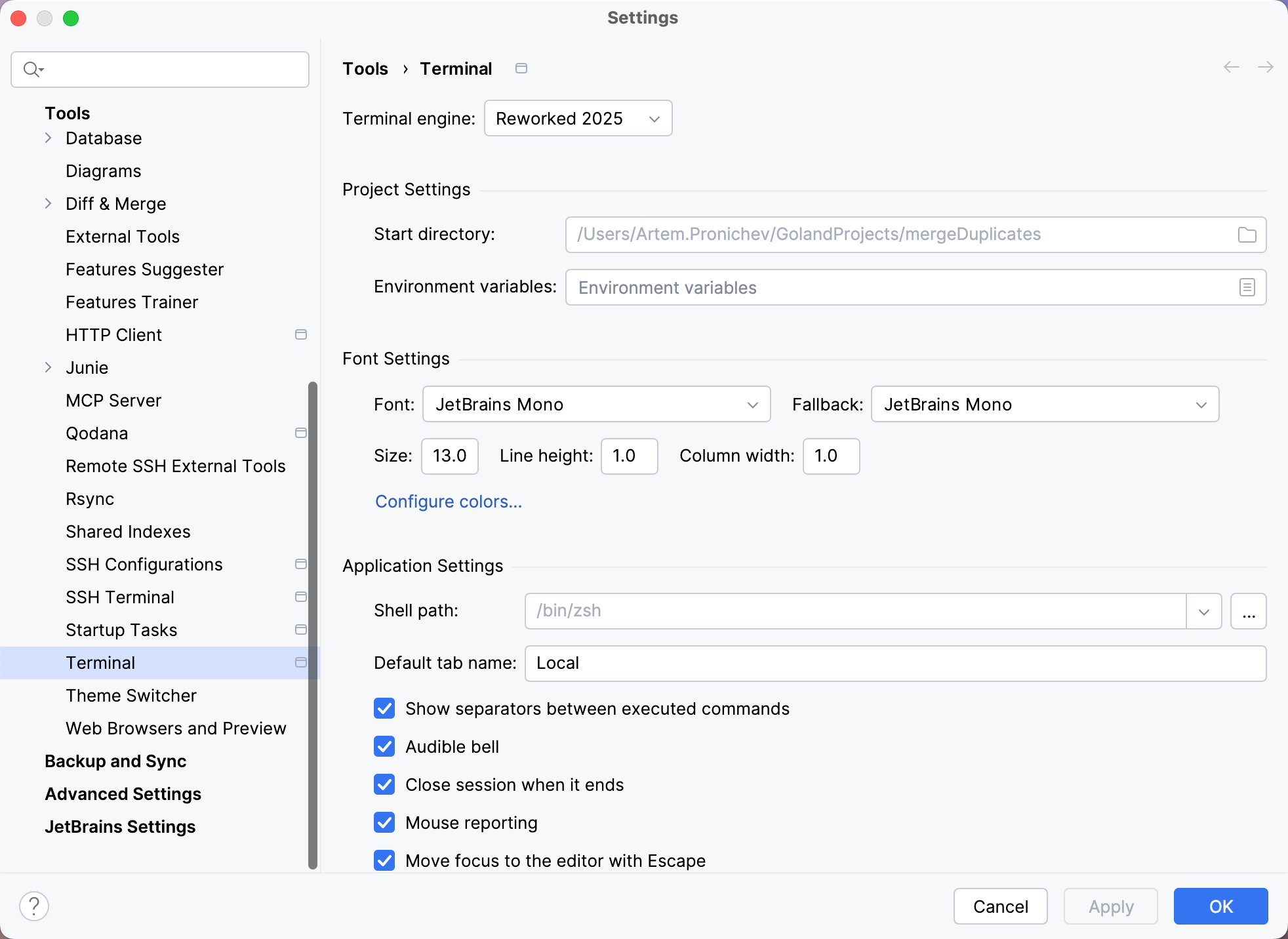 Settings | Tools | Terminal Settings | Tools | Terminal