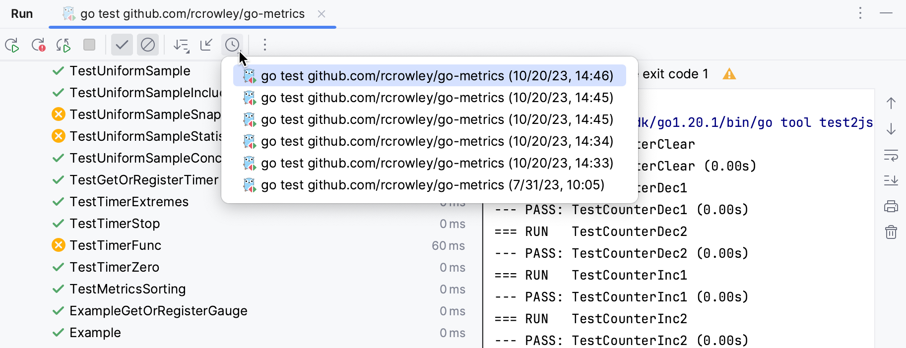 Viewing results of previous tests Viewing results of previous tests