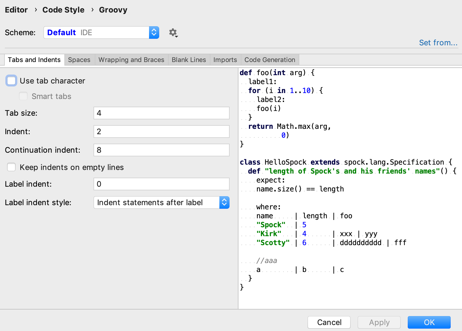 Groovy code style settings Groovy code style settings