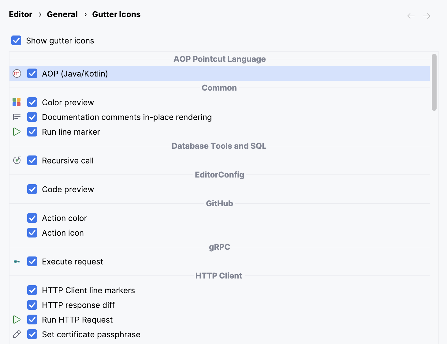 設定のガターアイコン設定ダイアログ Gutter icons settings in the Settings dialog