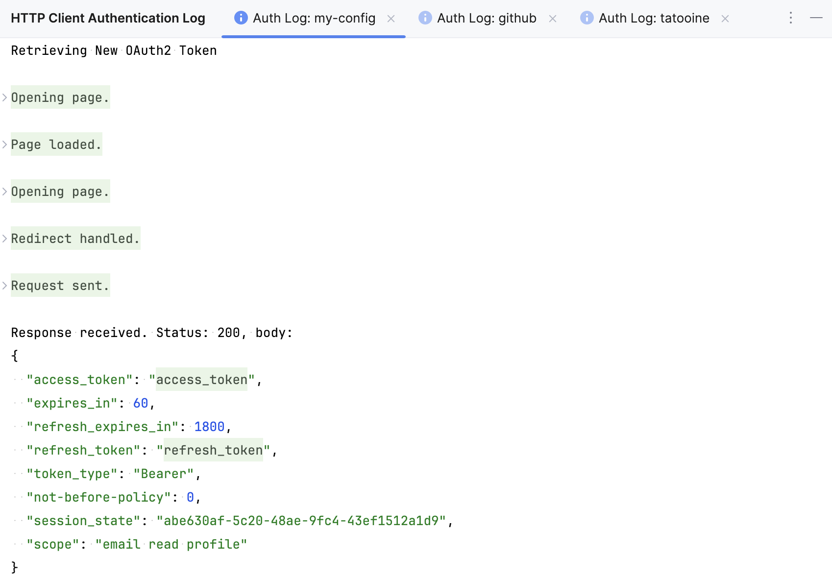 HTTP Client Authentication Log tool window HTTP Client Authentication Log tool window
