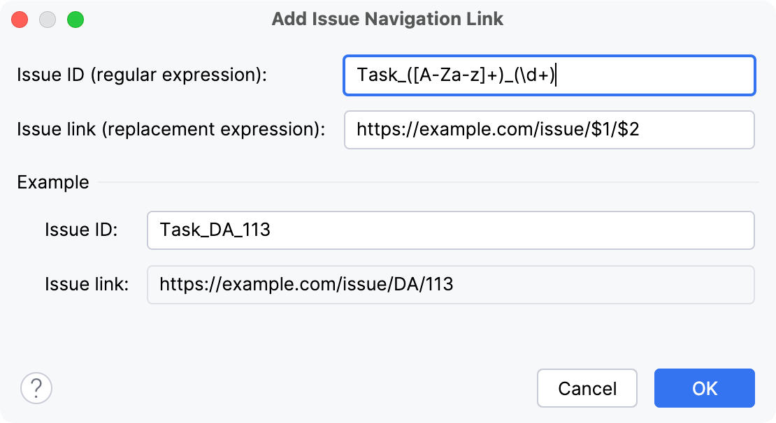 課題ナビゲーションリンクを追加ダイアログ Add Issue Navigation Link dialog