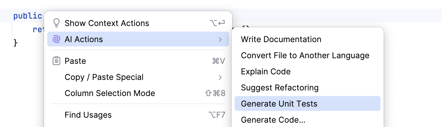Generate Unit Tests action in context menu Generate Unit Tests action in context menu