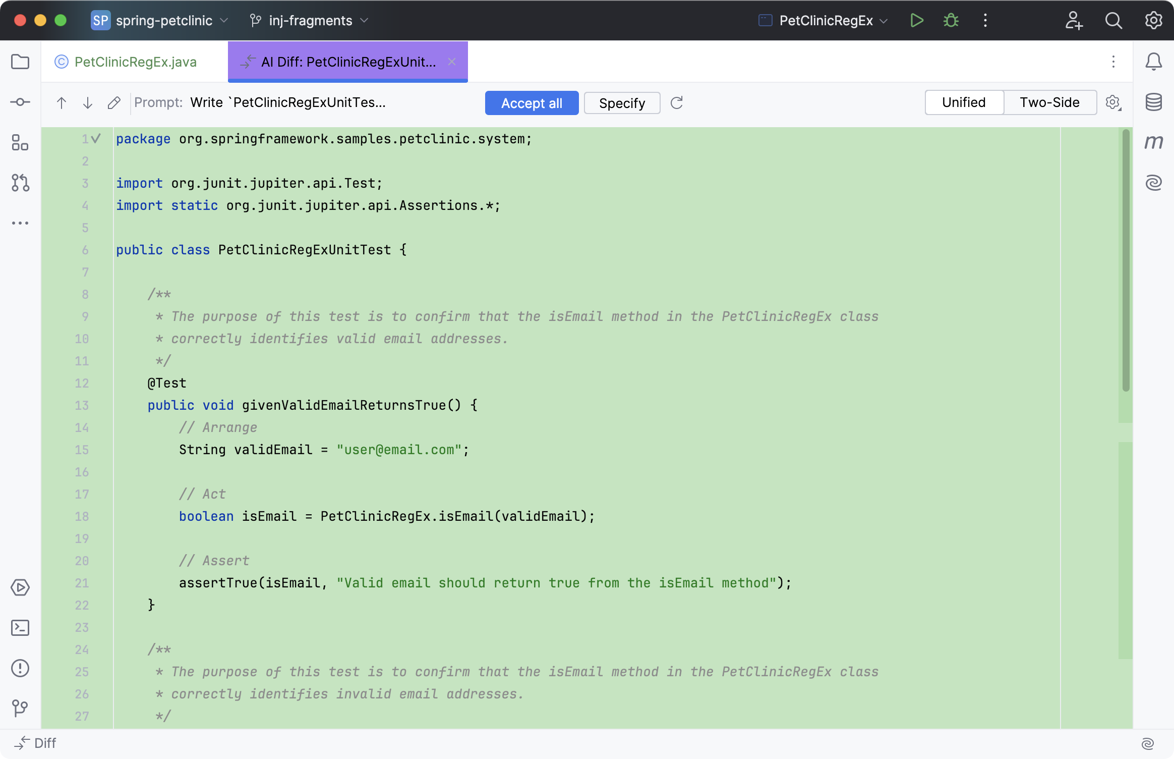 Generated unit test in a separate AI Diff tab Generated unit test in a separate AI Diff tab