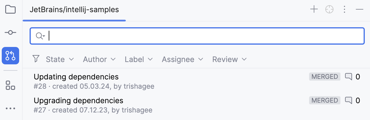 GitHub Pull Requests tool window GitHub Pull Requests tool window