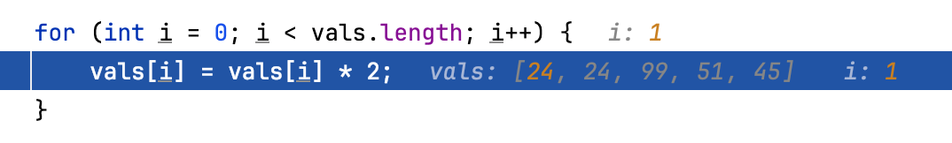 変数のインライン値は各ステップで変化する Inline values of the variables change with each step