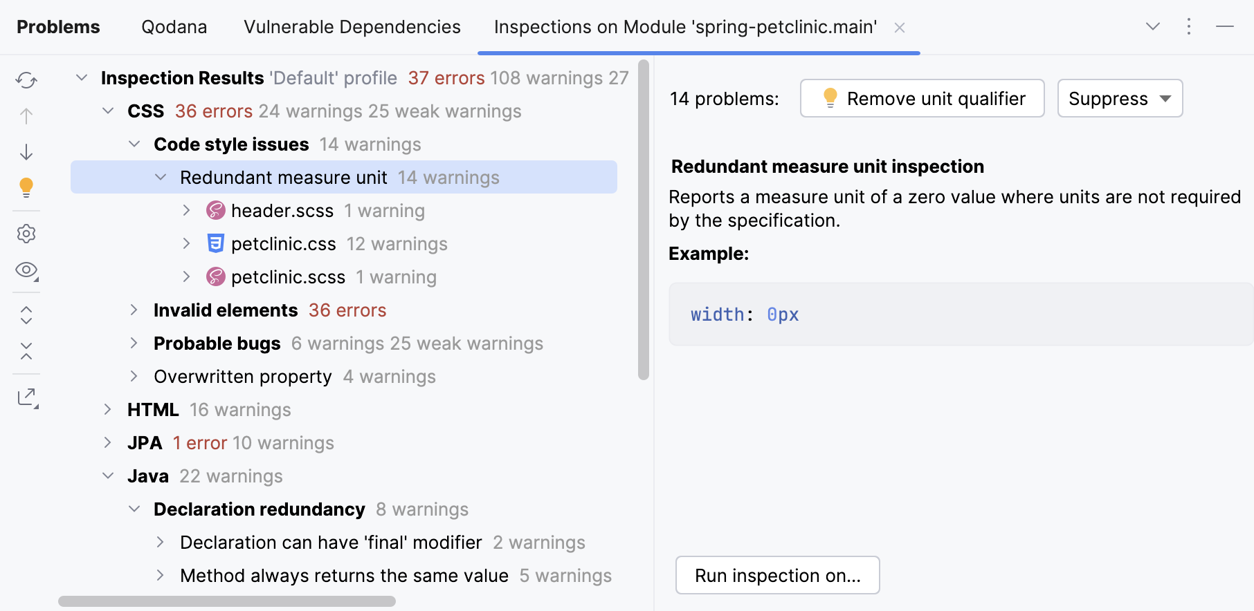 Inspection results tab