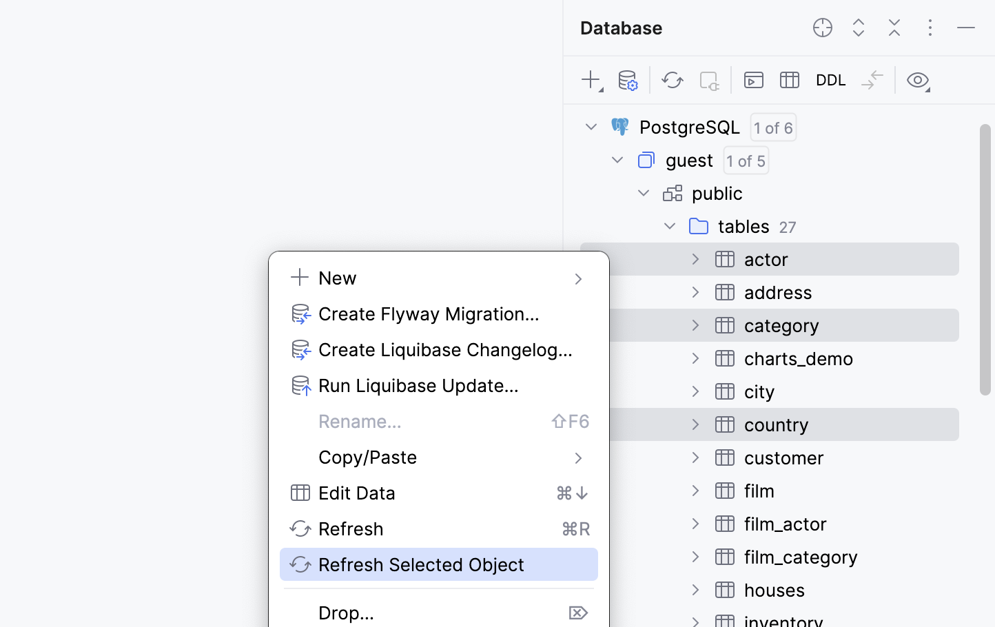 The database objects selected in Database tool window are refreshed when you invoke the Refresh action