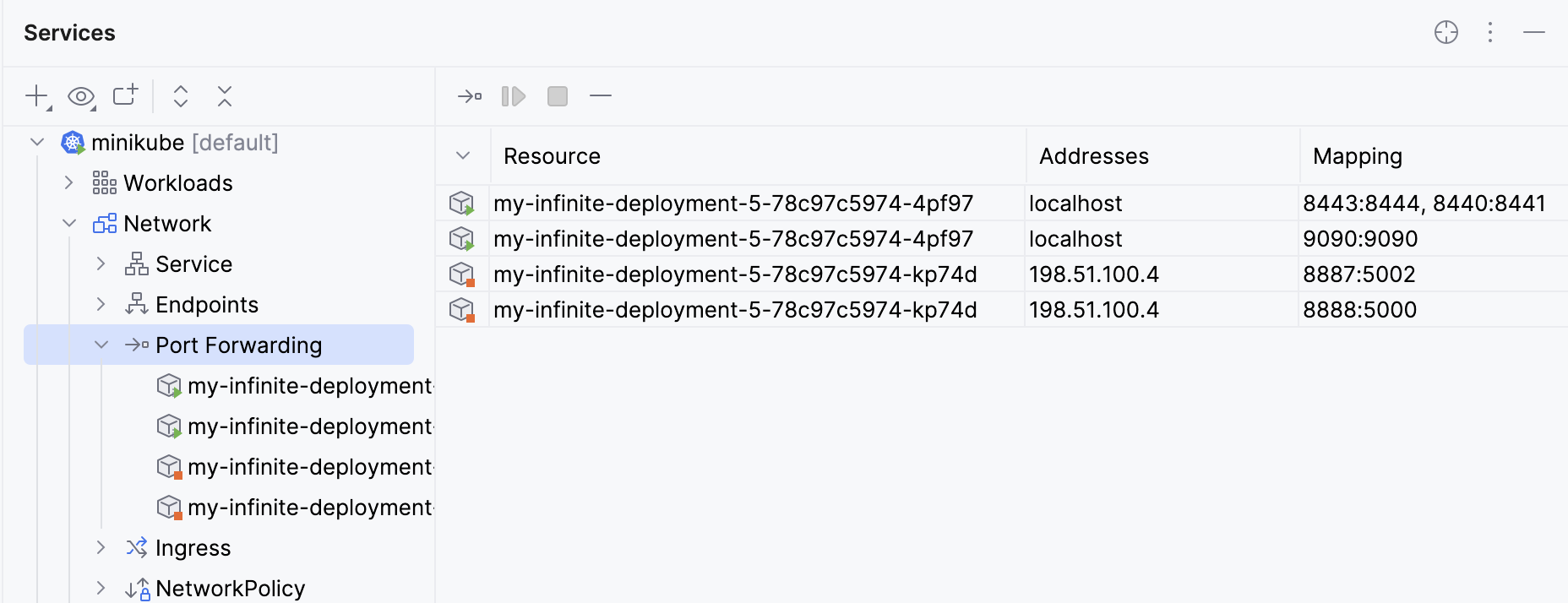 List of port- forwarding sessions