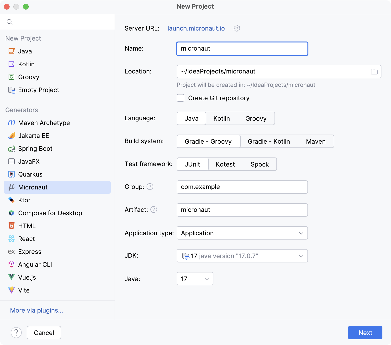 New Micronaut project wizard New Micronaut project wizard