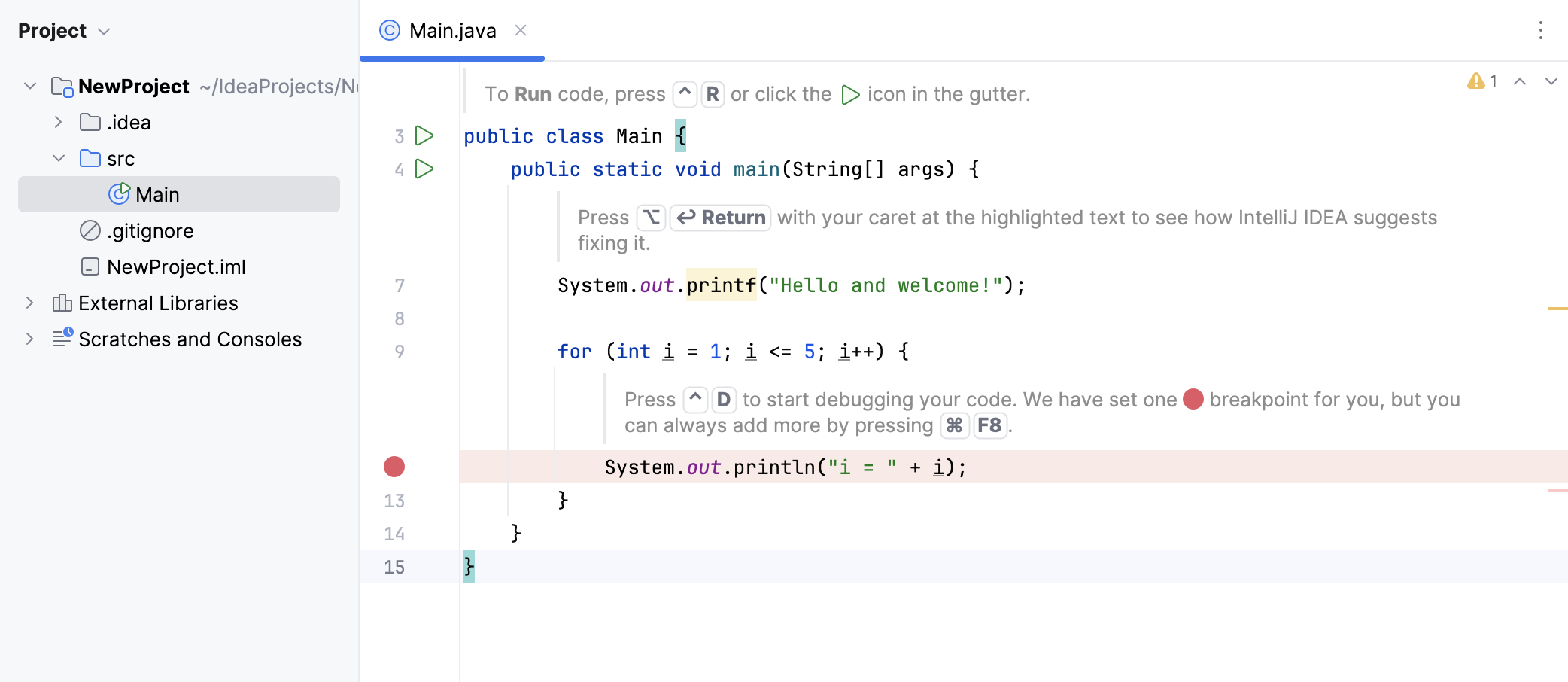 New Java project with onboarding tips in the editor New Java project with onboarding tips in the editor