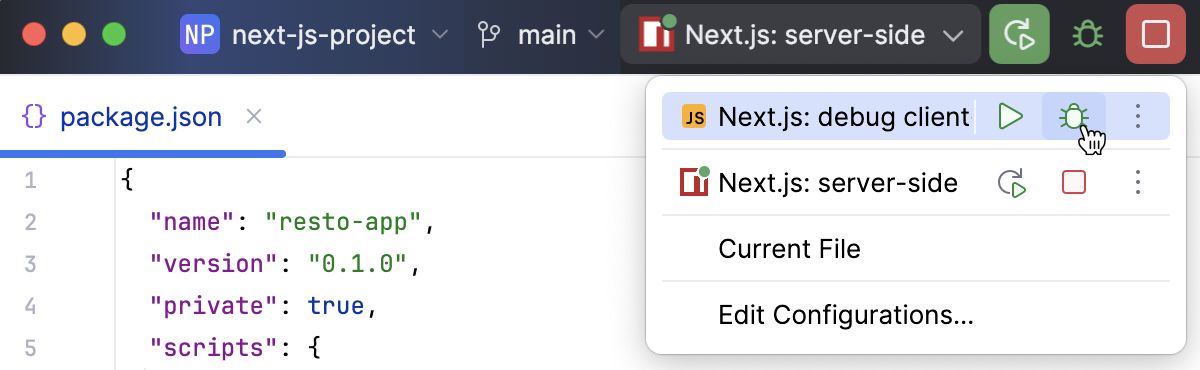 Start a debugging session — select the JavaScript Debug run configuration