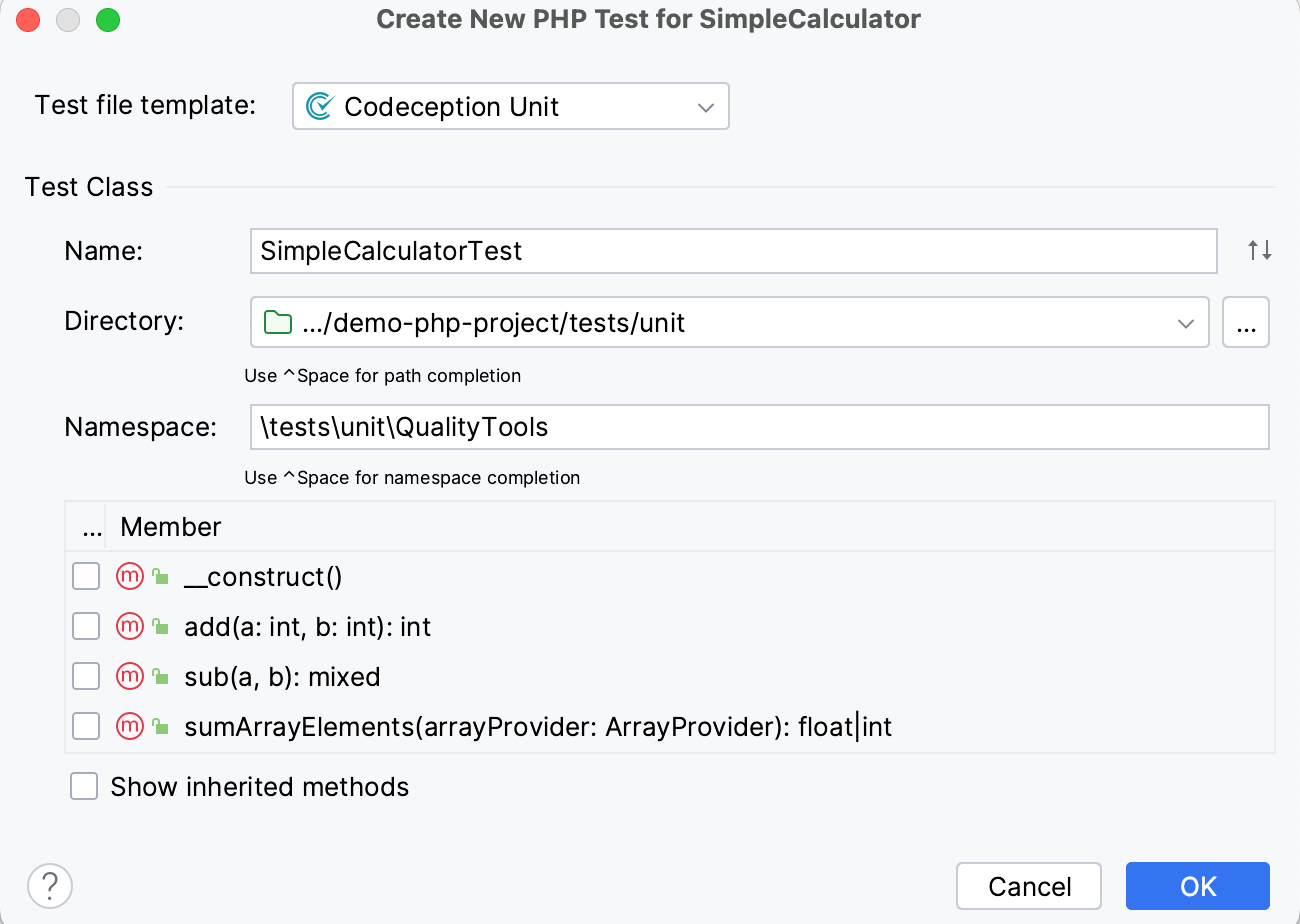 the Create new codeception test dialog the Create new codeception test dialog