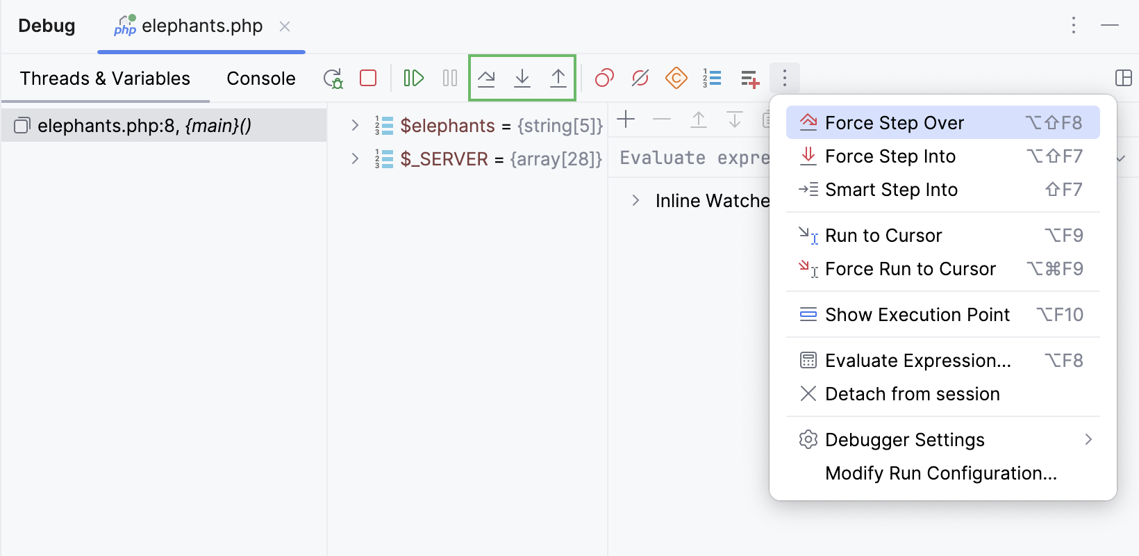 デバッグツールウィンドウのステップボタン Stepping buttons in the Debug tool window