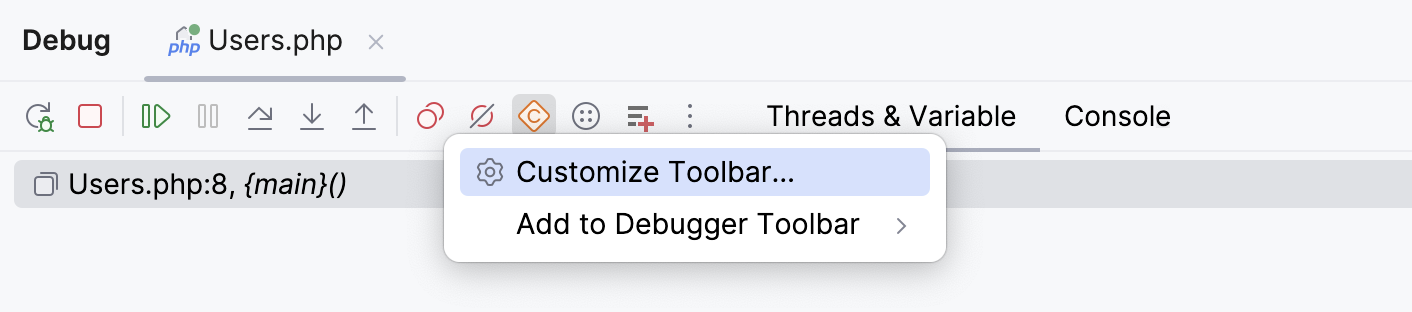 The 'Customize toolbar' option in the context menu of the debugger's toolbar