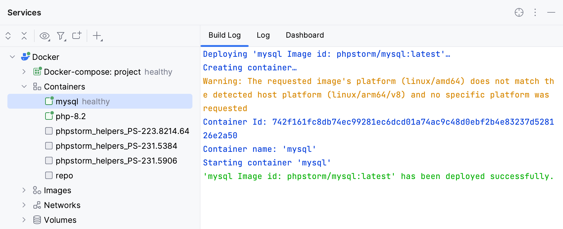 The Build Log tab of a container selected in the Services tool window The Build Log tab of a container selected in the Services tool window