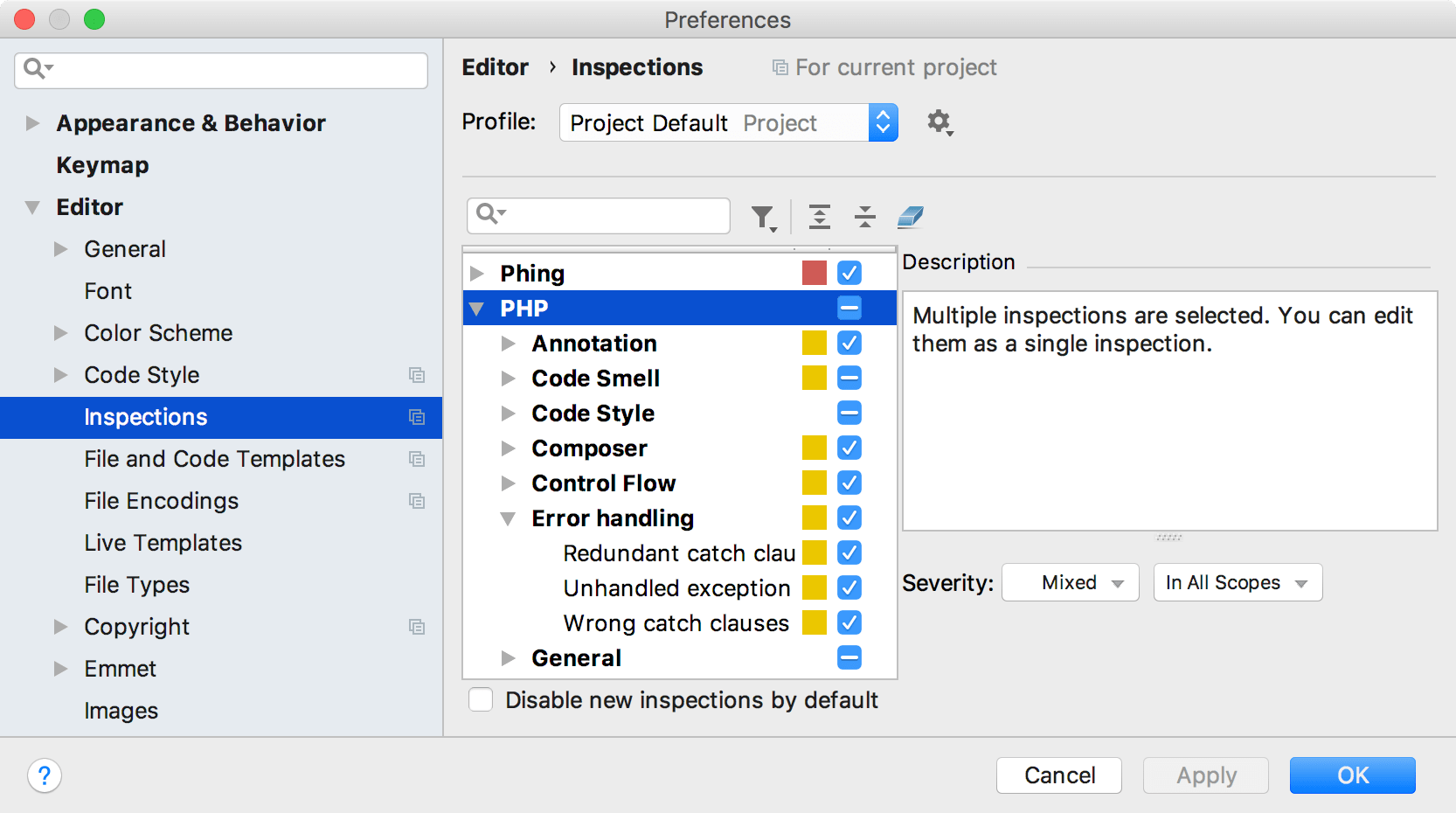 the Inspections dialog the Inspections dialog