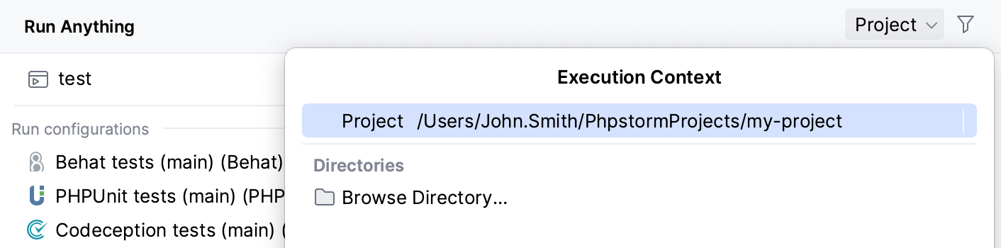 なんでも実行でコンテキストを構成するダイアログ Configure Context in the Run Anything dialog