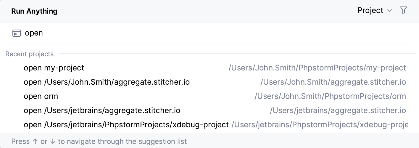 なんでも実行ポップアップから最近のプロジェクトを開く Opening a recent project from the Run Anything popup