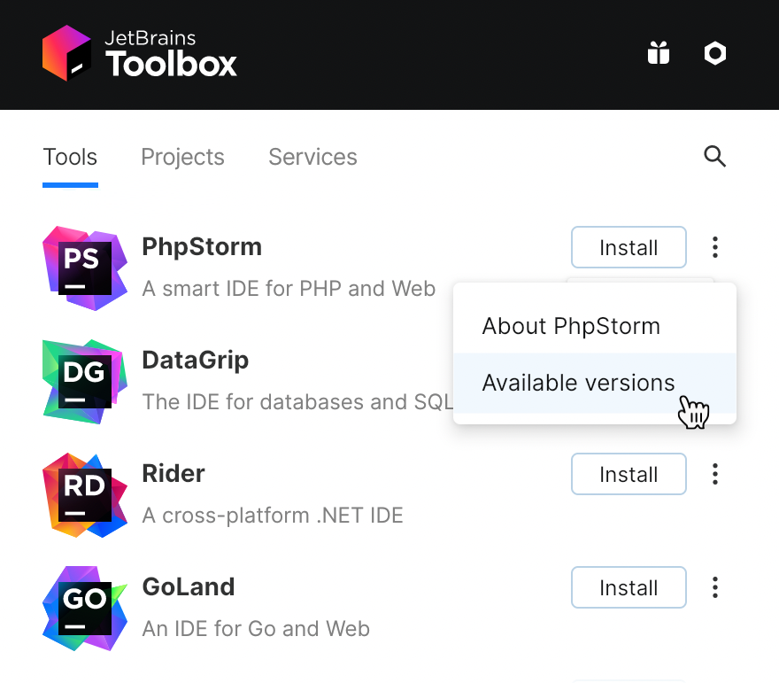 Toolbox アプリの PhpStorm PhpStorm in the Toolbox app