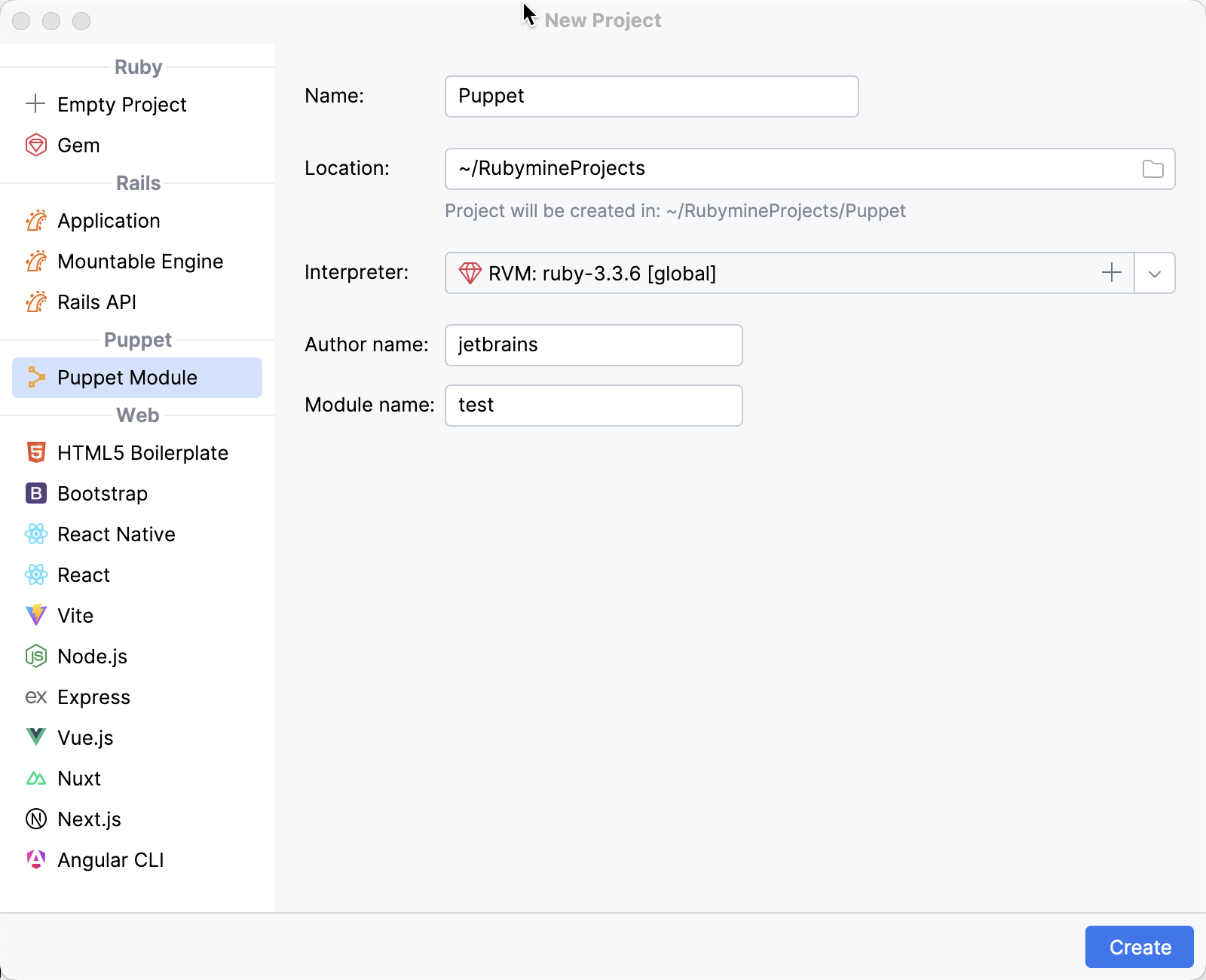 New project dialog