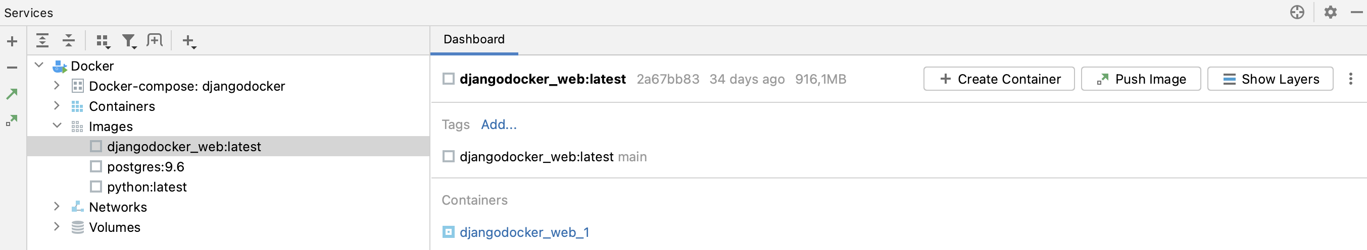 サービスツールウィンドウで docker image in を検索する Search for a docker image in the Services tool window