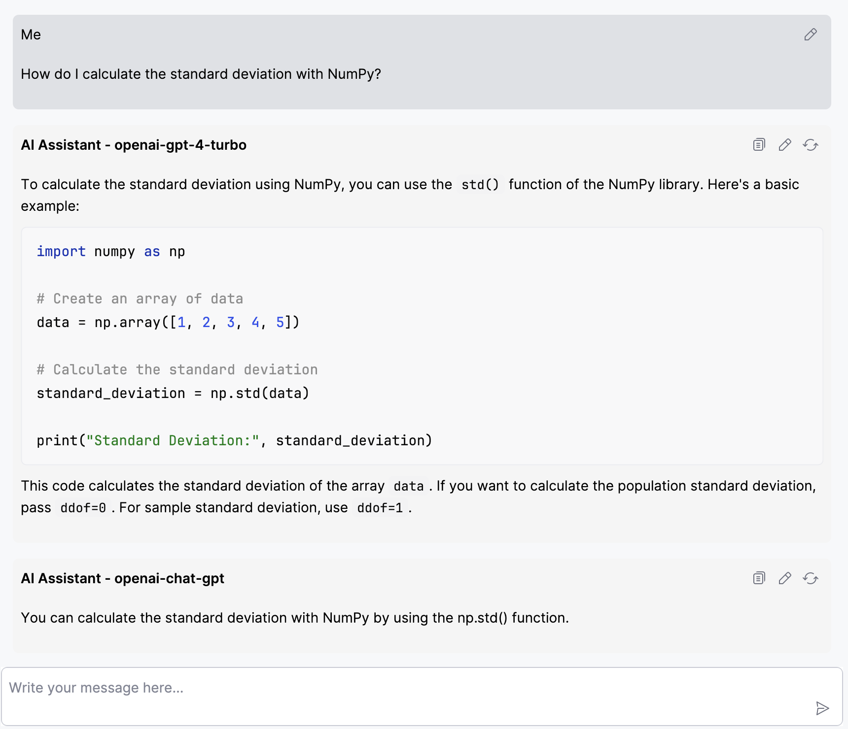 The responses from two models in the chat