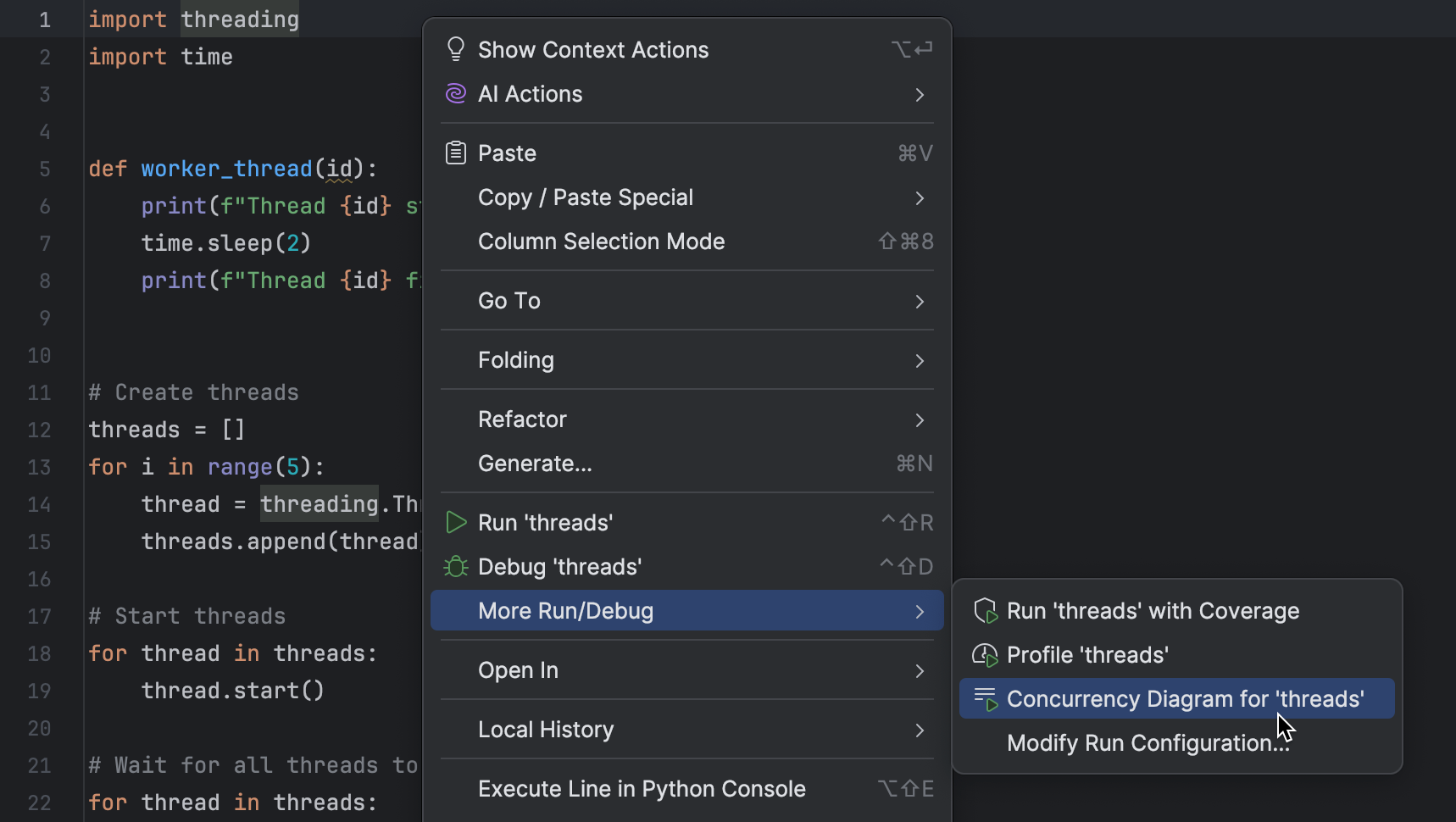 Run Concurrency Diagram from the context menu