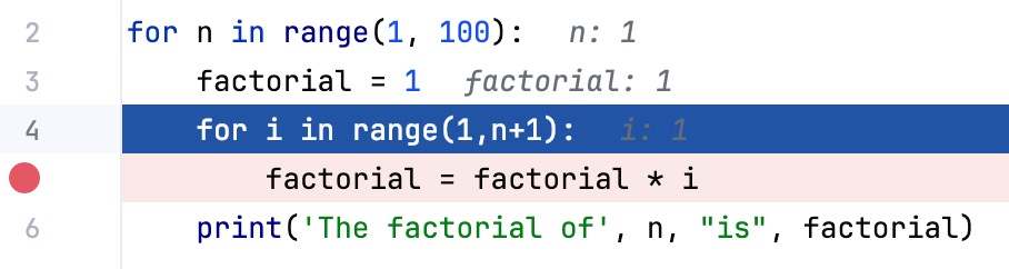 現在の実行ポイントを示す青い線 Blue line indicating the current execution point