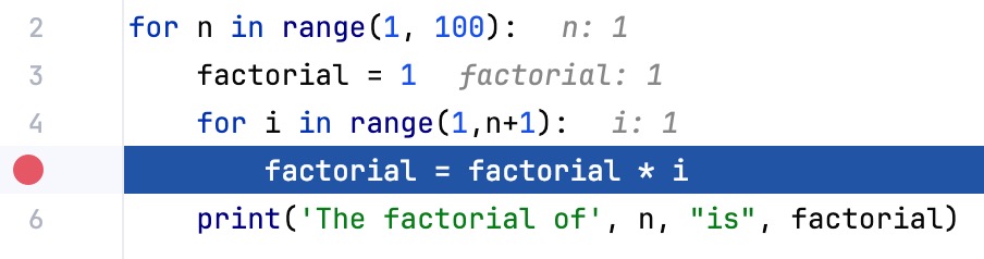 変数値は、使用される行に表示されます Variable values are displayed at the lines where they are used