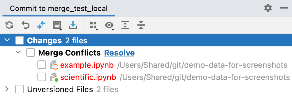 The Merge Conflicts node in the Local Changes view The Merge Conflicts node in the Local Changes view