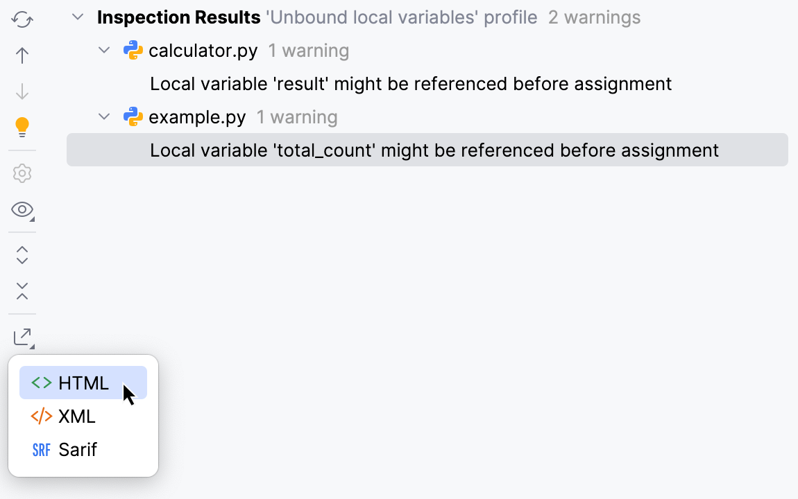 The Export button in the Inspection Results tool window