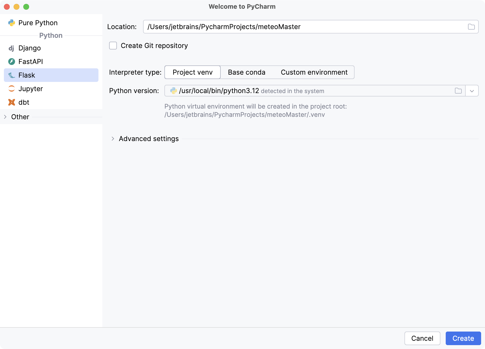 Creating a new Flask project