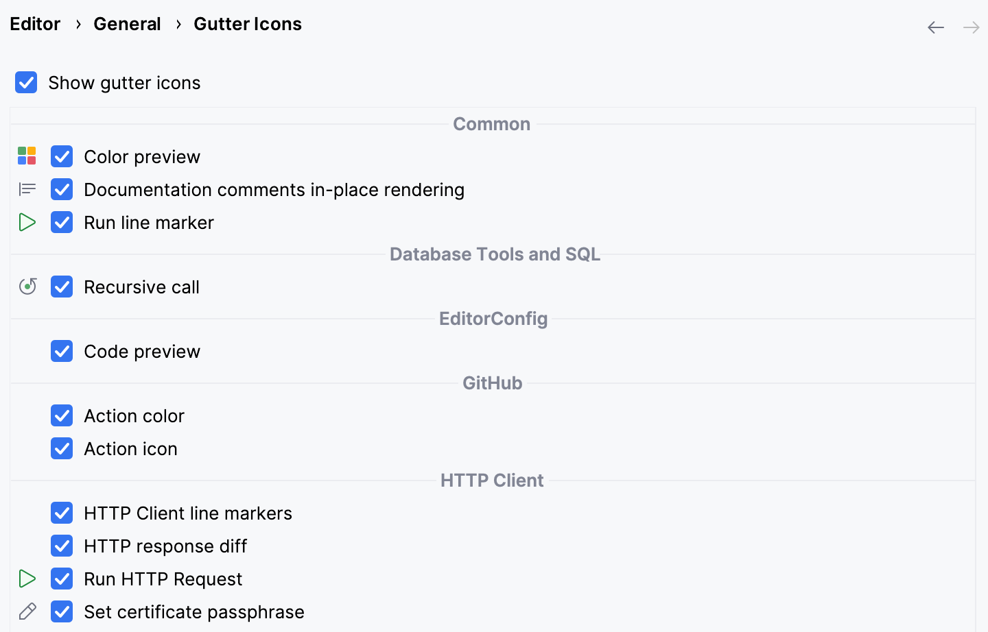 設定のガターアイコン設定ダイアログ Gutter icons settings in the Settings dialog