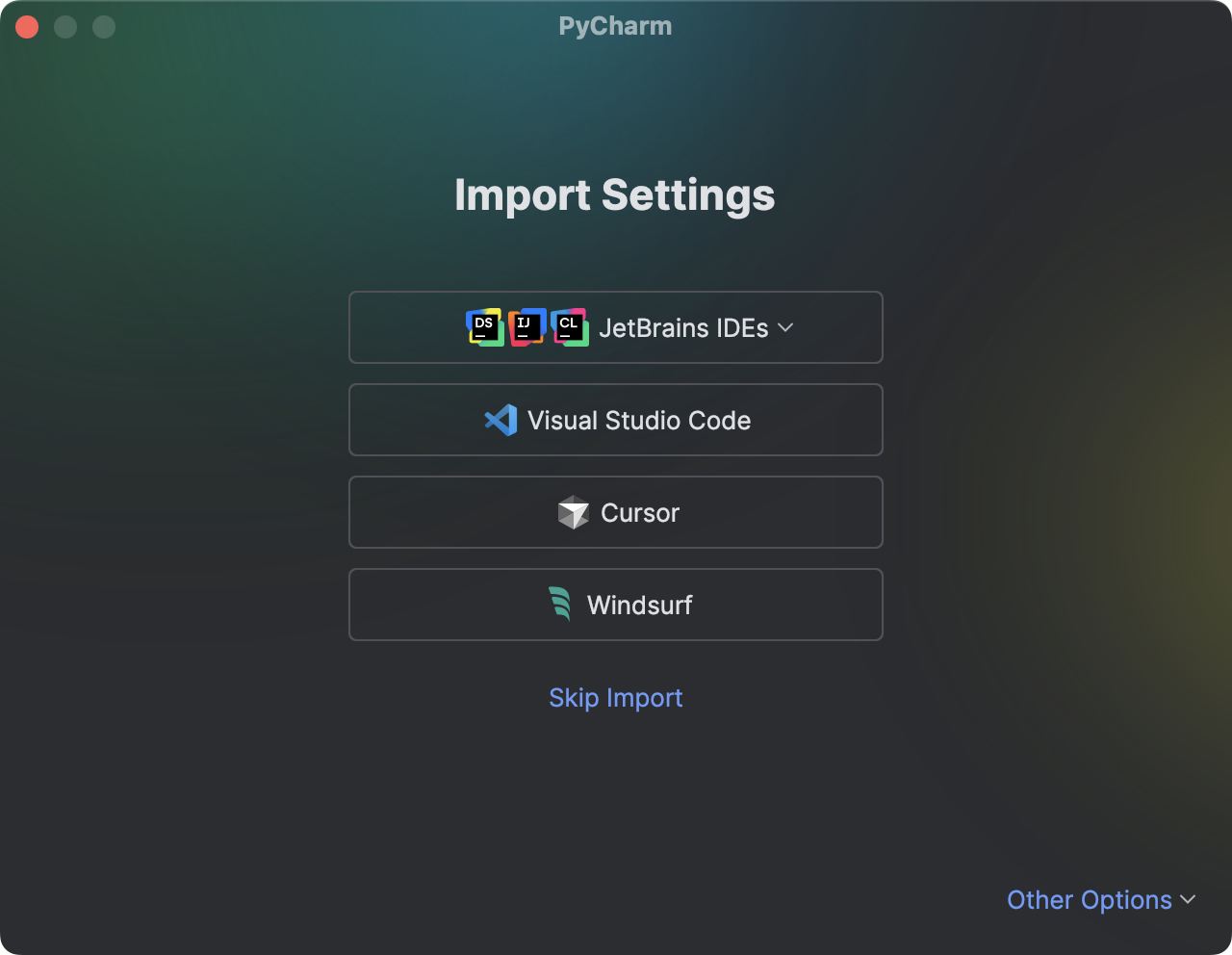 The Import Settings dialog with the cursor on the Visual Studio Code button