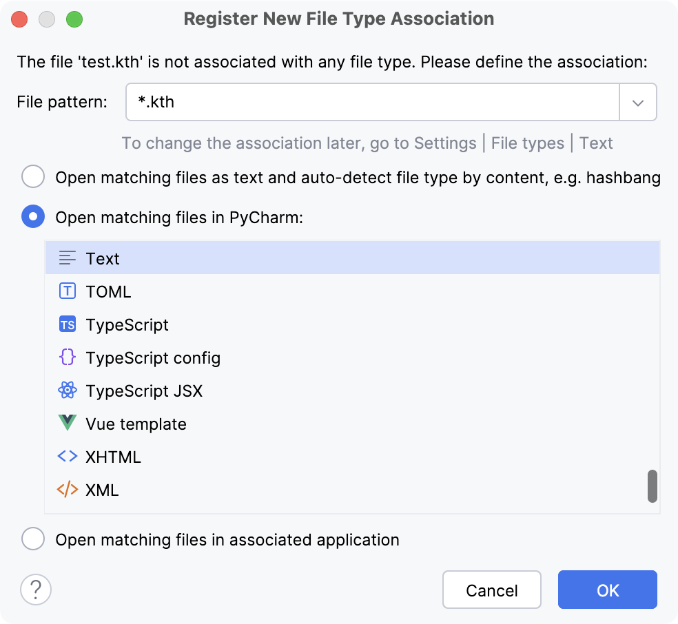 PyCharm: Associating a file name pattern with a file type