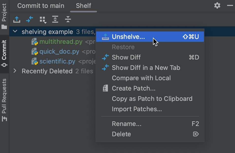 Shelve or stash changes | PyCharm Documentation