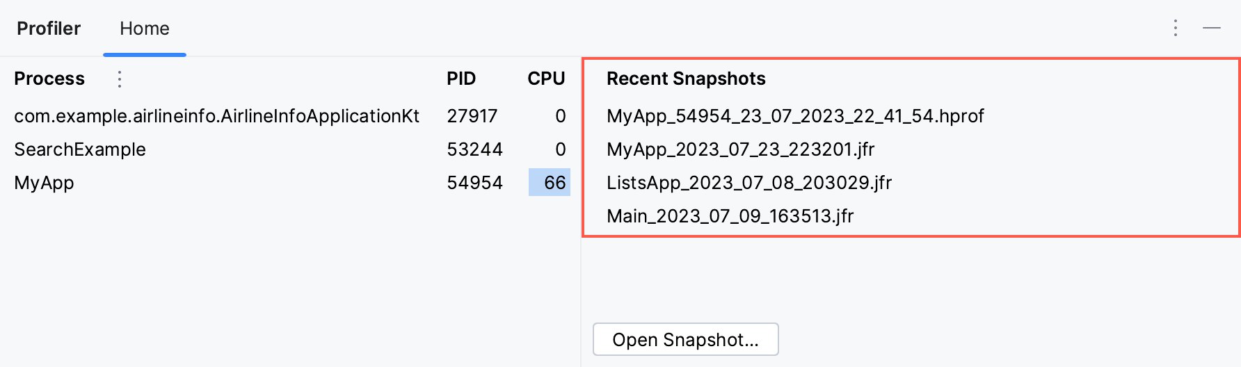 The Recent Snapshots panel in the Profiler tool window The Recent Snapshots panel in the Profiler tool window