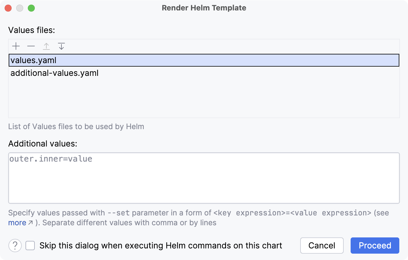The Render Helm Template dialog