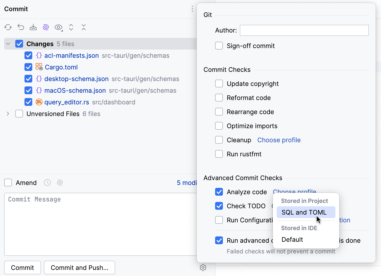 Run inspections before commit: Commit tool window