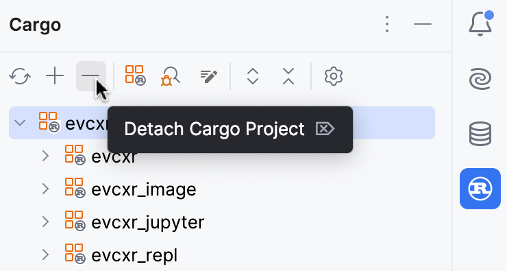Detaching a Cargo project from the Cargo tool window Detaching a Cargo project from the Cargo tool window