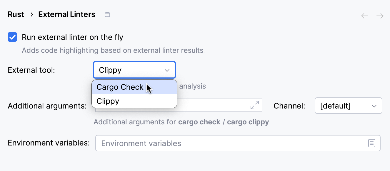 External linter settings: on-the-fly analysis off