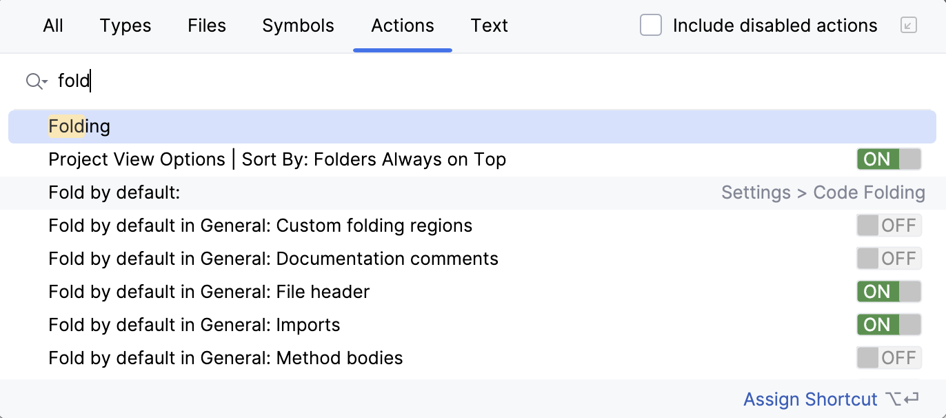 Folding actions popup