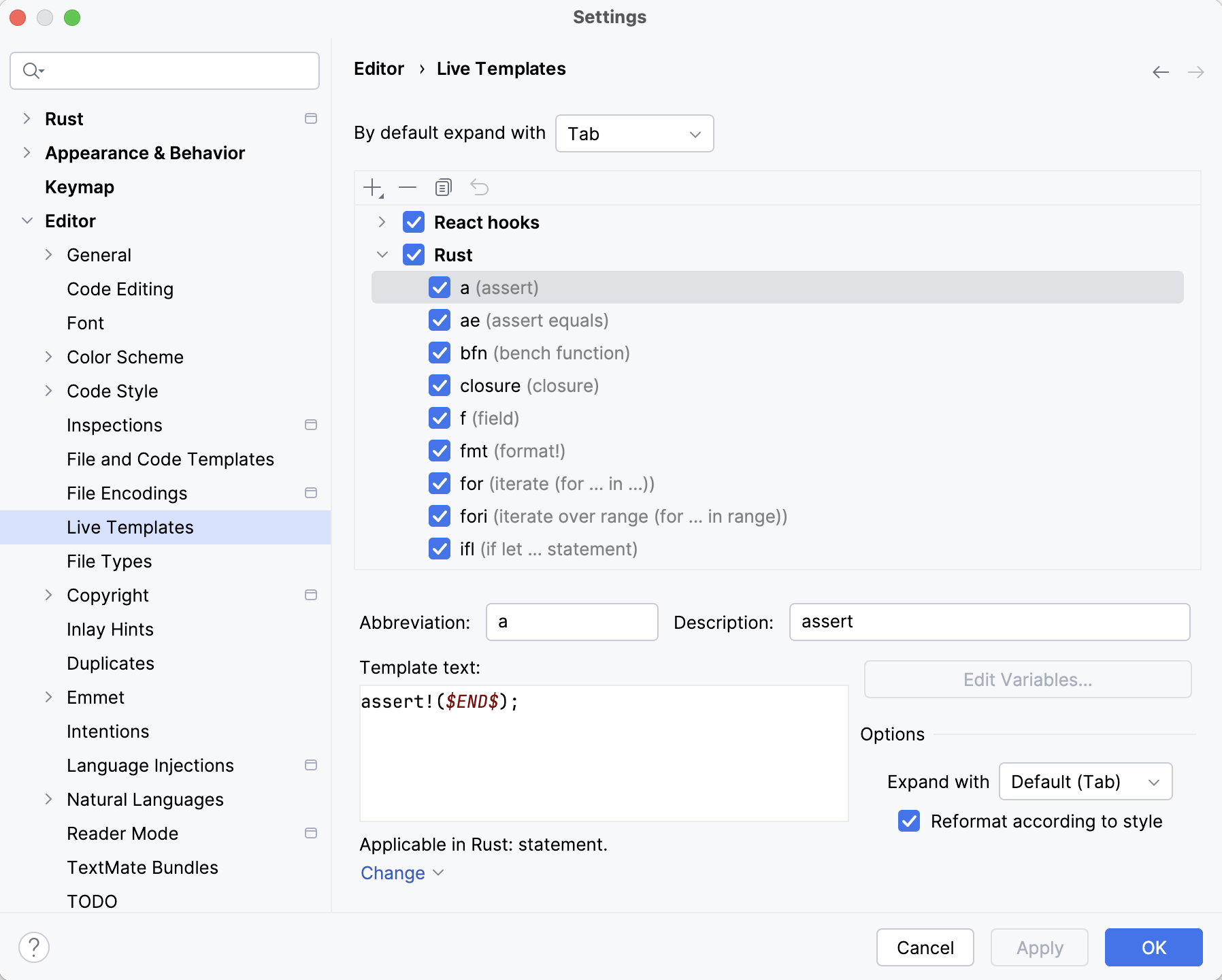 live templates settings live templates settings