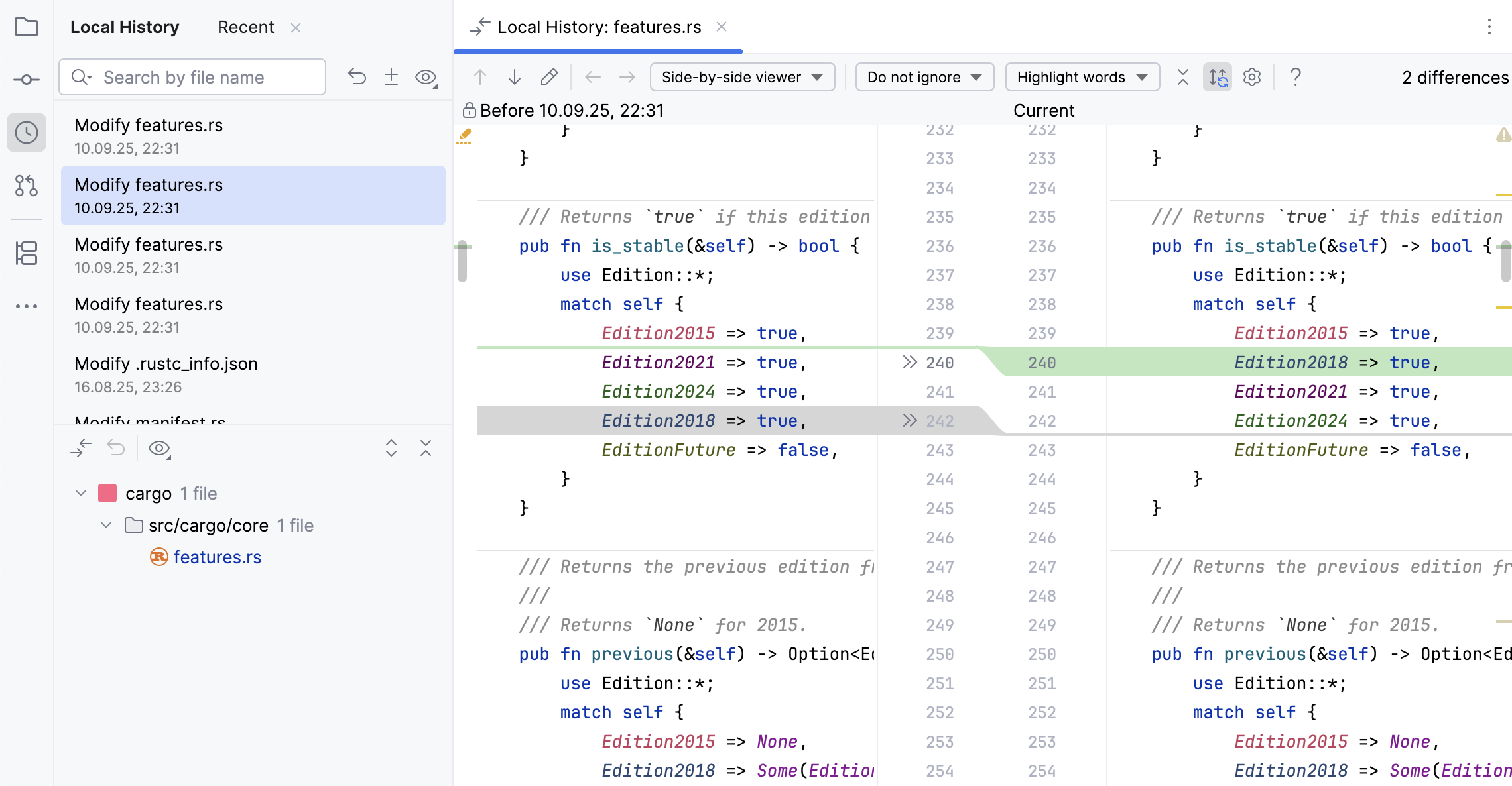 the Recent Changes popup