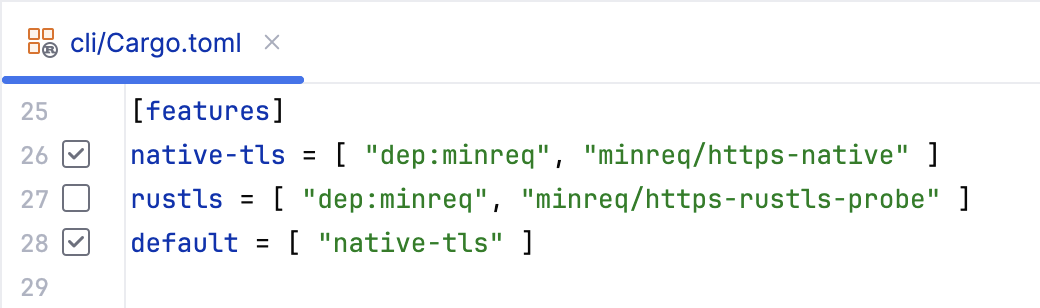 The UI for toggling Cargo features
