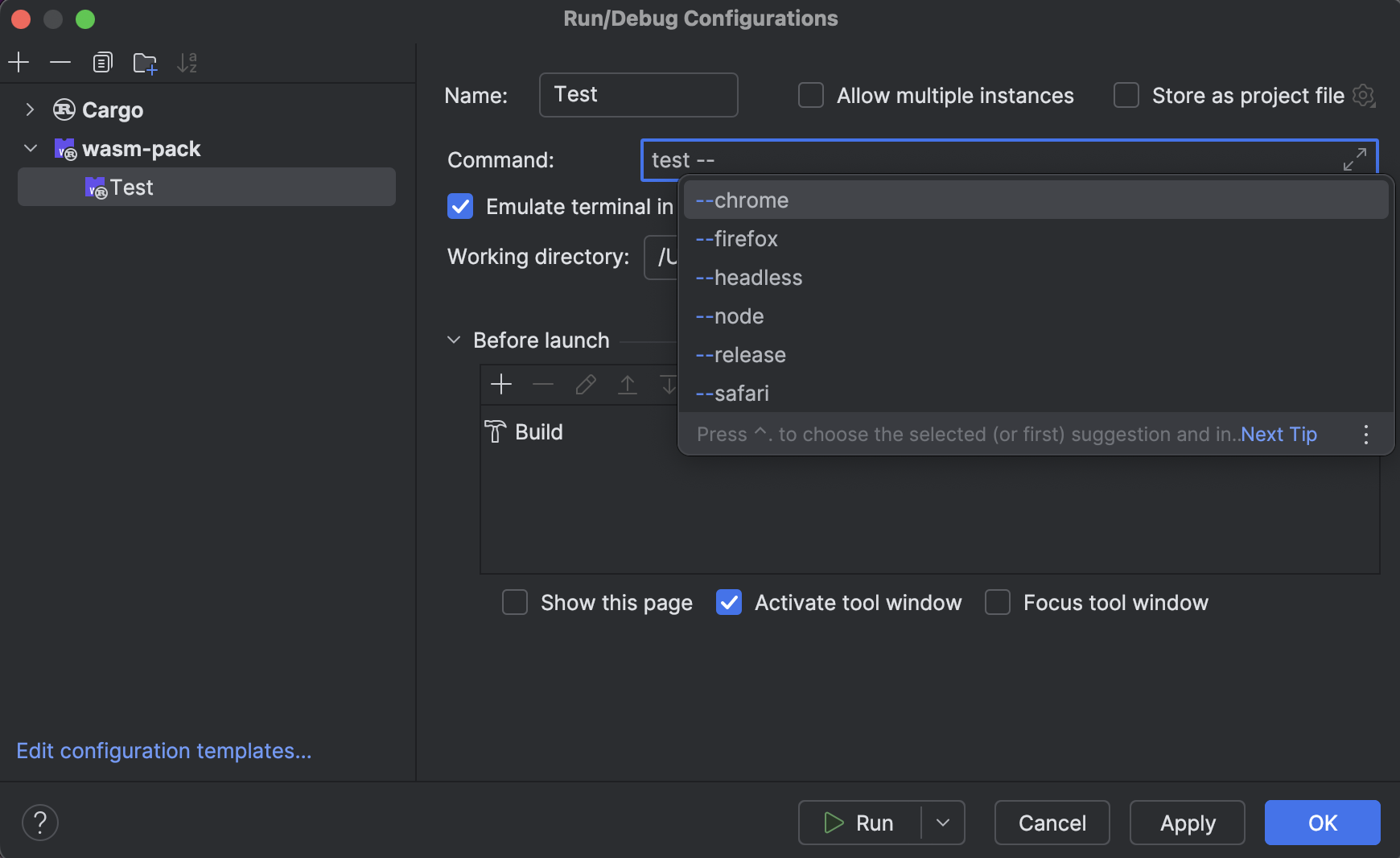 Wasm-pack run/debug configuration | RustRover Documentation